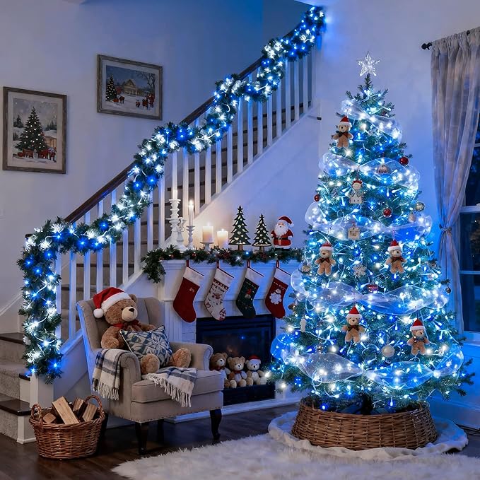 JMEXSUSS Connectable Blue and White Christmas Lights, 8 Modes 100 LED Twinkle String Lights Indoor, Clear Wire Plug-in Christmas String Lights Outdoor Waterproof