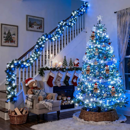 JMEXSUSS Connectable Blue and White Christmas Lights, 8 Modes 100 LED Twinkle String Lights Indoor, Clear Wire Plug-in Christmas String Lights Outdoor Waterproof