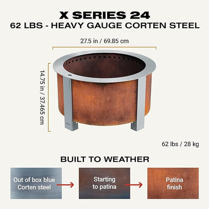 Breeo Smokeless Fire Pit (X Series 24, Corten Steel) | 27.5 inch Smokeless Firepit for Outside | 62 Pounds | Ideal for Families Compatible with Wide Range of Breeo Accessories