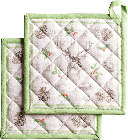 Maison d' Hermine Pot Holders 100% Cotton Potholders (8" x 8", Pack of 2) | Heat Resistant Hot Pads with Loop BBQ Cooking Baking Hotel Kitchen Handling Hot Pans Thanksgiving Christmas - Christmas Dew