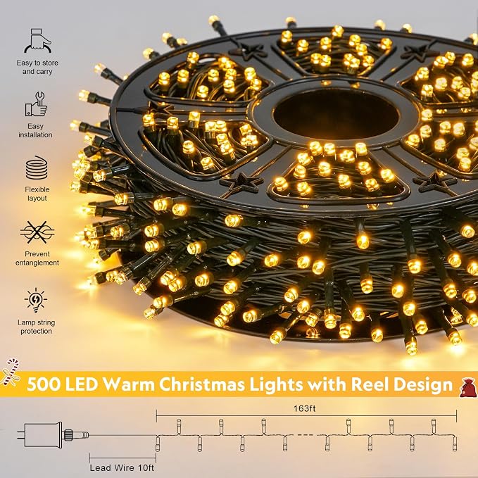 JMEXSUSS 500 LED Christmas Lights Outdoor, Classroom String Lights Plug in | 173ft, 8 Modes, Remote Control, Waterproof Warm White Christmas Tree Lights for Outside Ceiling House Xmas Classroom Decor