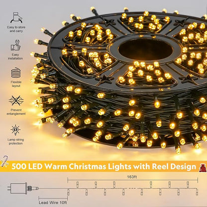 JMEXSUSS 500 LED Christmas Lights Outdoor, Classroom String Lights Plug in | 173ft, 8 Modes, Remote Control, Waterproof Warm White Christmas Tree Lights for Outside Ceiling House Xmas Classroom Decor