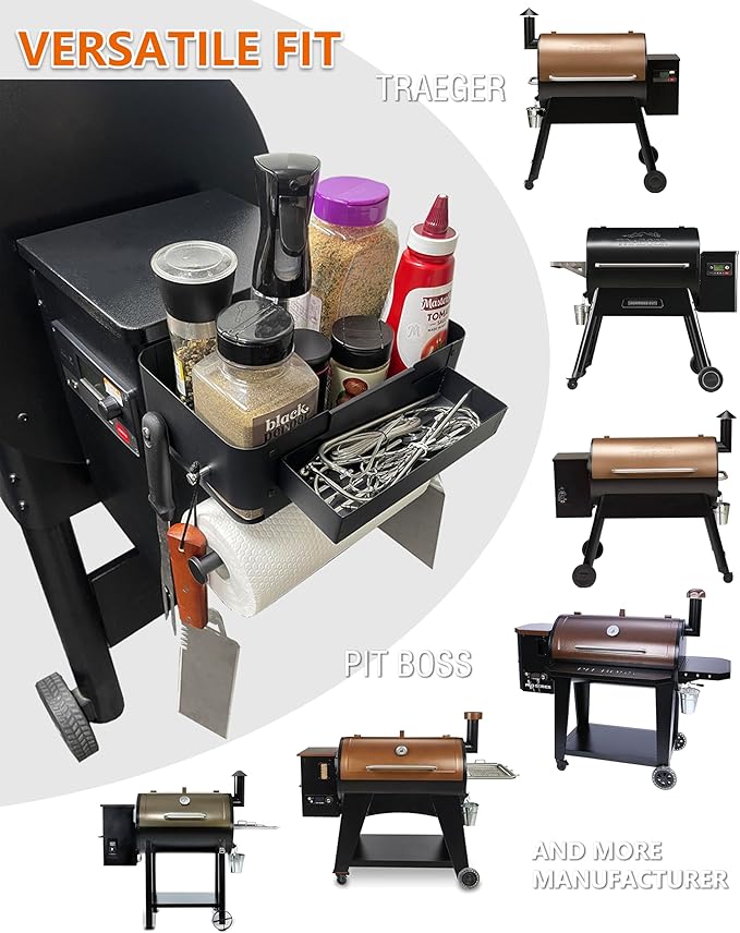 Storage Bin for Traeger Pellet Grill Caddy with Paper Towel Holder, Temperature Probe Box, and Hanging Hooks – Smoker Accessories for Traeger Pro Series 22/34, Ironwood 885/650, Pro 780/575, Pit Boss