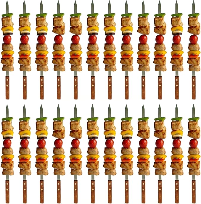 Stainless Steel Barbecue Skewers BBQ Outdoor Grill Skewer stick Barbecue Fork with Solid Wood Handle for Grilling Shish Kebob Koubideh Persian Brazilian Kebab 1" Wide + 1 Free Skewer (24pcs)
