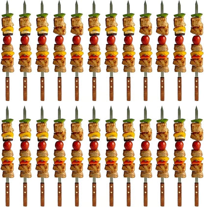 Stainless Steel Barbecue Skewers BBQ Outdoor Grill Skewer stick Barbecue Fork with Solid Wood Handle for Grilling Shish Kebob Koubideh Persian Brazilian Kebab 1" Wide + 1 Free Skewer (24pcs)