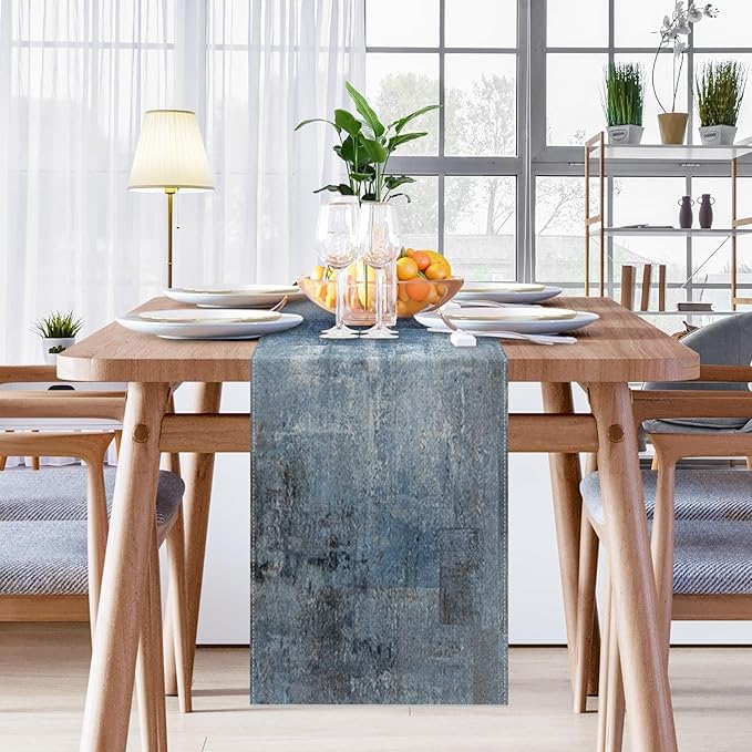 Emvency Farmhouse Style Table Runner, Abstract Art Painting Denim Blue Dining Decor for Kitchen Coffee Table Family Dinners Holiday Parties Wedding Events Decor(13x108 inch)