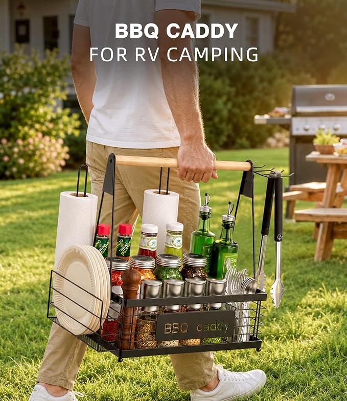 TJ.MOREE Grill Caddy BBQ Organizer for Grilling Tools & Supplies | paper towel & foil holder, fits 8" plates, removable wood handle, for camping, patio, Kitchen, Picnic, RV