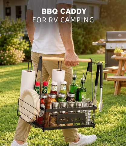 TJ.MOREE Grill Caddy BBQ Organizer for Grilling Tools & Supplies | paper towel & foil holder, fits 8" plates, removable wood handle, for camping, patio, Kitchen, Picnic, RV