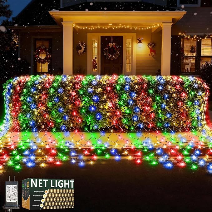 LitHome 14.8FT x 5FT Christmas Net Lights Outdoor Mesh Lights Connectable | 8 Modes 300 LED Multicolor Net Light Green Wire, Waterproof Giant Christmas Mesh Light for Bushes Garden Yard Party Decor