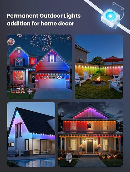 Permanent Outdoor Lights for House,100FT RGB+IC Smart Lights | 60 LEDs,App/Remote Control,IP67 Waterproof,DIY Color-Changing String Lights For Eaves,Xmas,Halloween And Party Decor