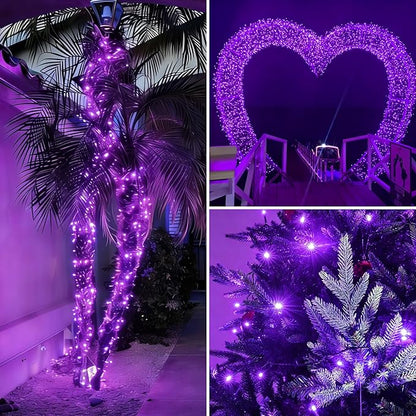 QITONG Purple Solar String Lights, 2 Pack Each 66ft 200 LED Christmas Fairy Lights Outdoor Waterproof, 8 Modes Green Wire Twinkle Lights for Outside
