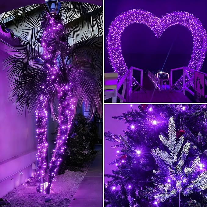QITONG Purple Solar String Lights, 2 Pack Each 33ft 100 LED Solar Christmas Fairy Lights Outdoor Waterproof, 8 Modes Green Wire Twinkle Lights for Outside