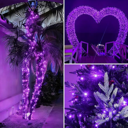 QITONG Purple Solar String Lights, 2 Pack Each 33ft 100 LED Solar Christmas Fairy Lights Outdoor Waterproof, 8 Modes Green Wire Twinkle Lights for Outside