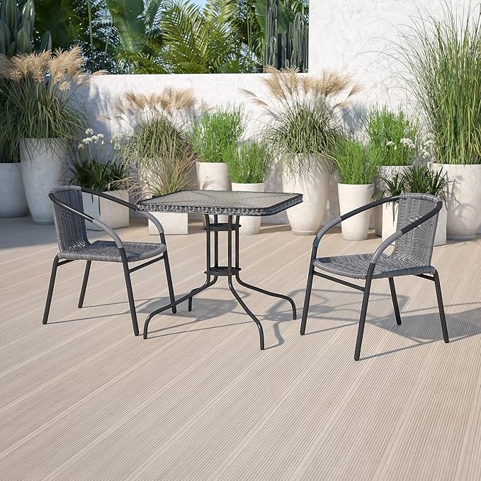 Flash Furniture Lila 28'' Square Glass Metal Table with Gray Rattan Edging and 2 Gray Rattan Stack Chairs