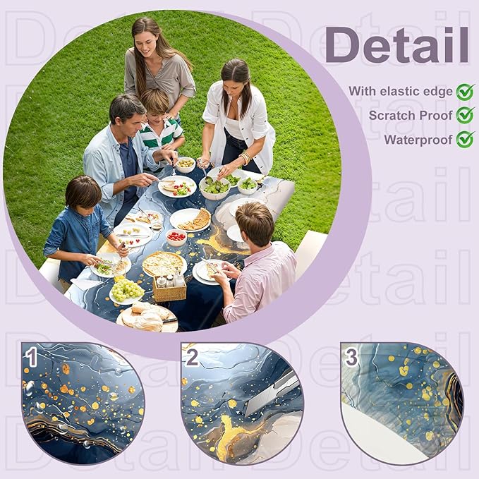 Marble Picnic Table Cover with Table Cover, Outdoor Picnic Table Elastic Tablecloth, Blue and Gold Abstract Design, Camping, Barbecue and Terrace Dining Tablecloth