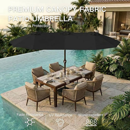 Kingdura 15ft Large Patio Umbrella with Base Included, Double-Sided Rectangle Outdoor Table Umbrella with 12 Reinforced Ribs, Crank Lift for Market Pool Deck Backyard, Black
