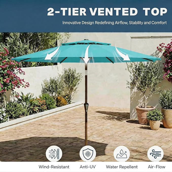 Patio Umbrella, 2 Tier Outdoor Table Umbrella, Large Vented Market Umbrellas with Push Button Tilt and Crank, 8 Sturdy Ribs for Backyard, Deck, Pool, UPF50+ UV Protection