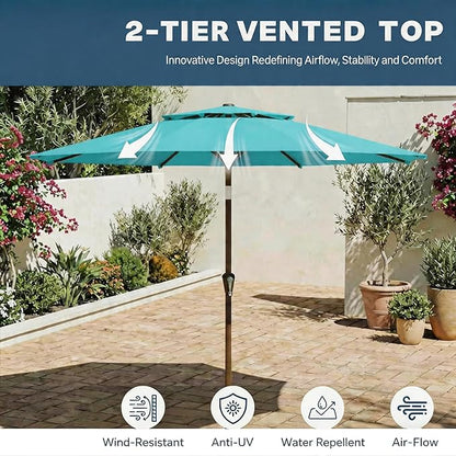 Patio Umbrella, 2 Tier Outdoor Table Umbrella, Large Vented Market Umbrellas with Push Button Tilt and Crank, 8 Sturdy Ribs for Backyard, Deck, Pool, UPF50+ UV Protection