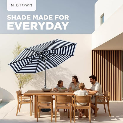 Midtown Umbrellas - 10-Year-No-Fade 8 Ft Patio Umbrella with Terylast Fabric, Auto-Tilt Aluminum Frame and 8 Reinforced Ribs for Deck, Pool, Garden & Beach - Navy/White Stripes Canopy, Black Pole
