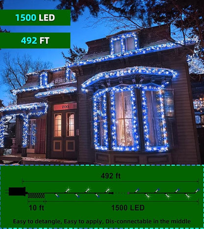 QUHUATU LED String Lights Christmas Decorations,8 Lightsing Modes Christmas Lights with Timer Functions for Tree Indoor Outdoor Decorr 1500 LED 492FT Blue & White