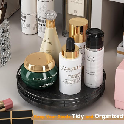 AMH 9-Inch Oak Lazy Susan Vanity Tray with Black Brush Gold Metal Frame | Smooth rotating oak tray with walnut finish for dining tables, kitchen counters, pantries and cabinet storage.
