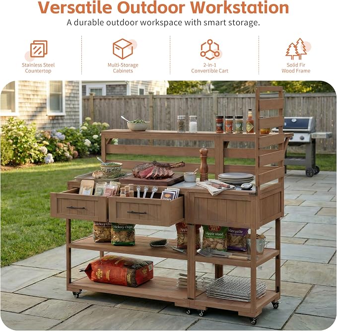 Outdoor Kitchen Cart with Stainless Steel Top, 62.3 Inch | Fir wood frame, stainless surface, raised shelf, fixed shelf, 2 lockable wheels, split-use design, BBQ prep, patio garden use
