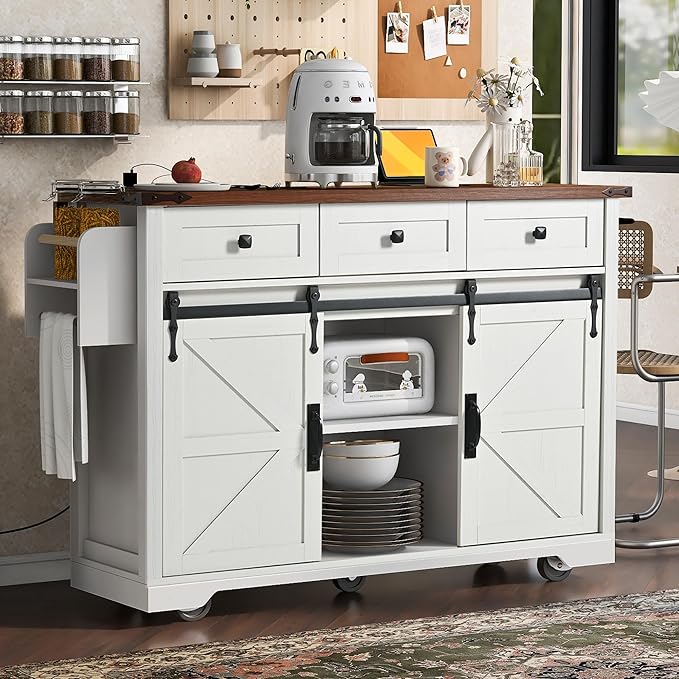 53.7" Farmhouse Kitchen Island with Power Outlet,2 Sliding Barn Door Storage w/Drop Leaf and Spice Rack Rolling Carts on Wheels & Metal Handle,for Home,Dining Room,White