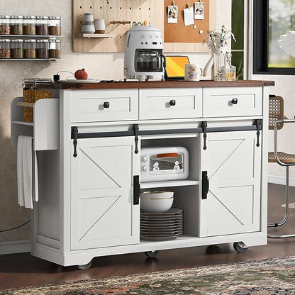 53.7" Farmhouse Kitchen Island with Power Outlet,2 Sliding Barn Door Storage w/Drop Leaf and Spice Rack Rolling Carts on Wheels & Metal Handle,for Home,Dining Room,White
