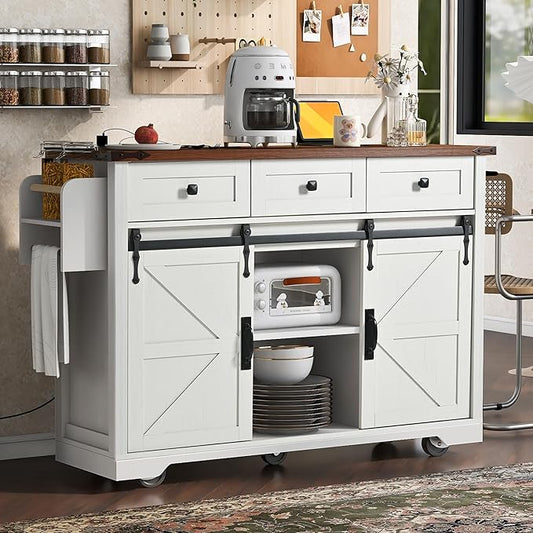 53.7" Farmhouse Kitchen Island with Power Outlet,2 Sliding Barn Door Storage w/Drop Leaf and Spice Rack Rolling Carts on Wheels & Metal Handle,for Home,Dining Room,White