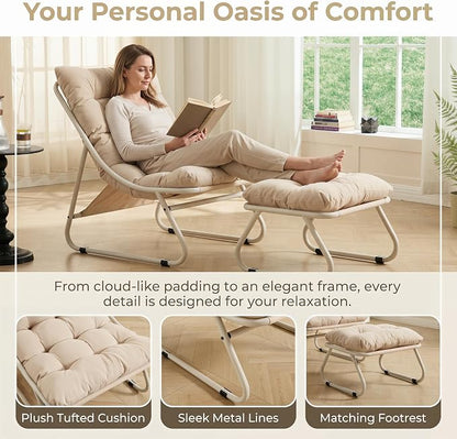 Rocking Chair with Ottoman, Modern Metal Frame Outdoor Rocker, Comfy Patio Lounge Chair with Footrest, Reading Glider Chairs for Living Room, Bedroom, Balcony, Garden, Relax, Beige