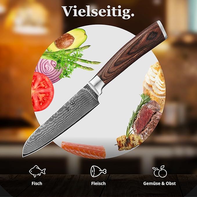 Wakoli EDIB Damascus Small Santoku Knife – 4.7-Inch Japanese Style Kitchen Knife | Genuine 67-Layer Damascus Steel Blade with VG10 Core | Ergonomic Pakkawood Handle | Multi-Purpose Cooking Knife