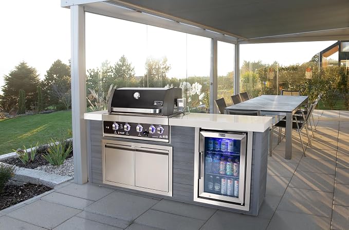 Mont Alpi Artwood Series - 78"W x 47"H x 27"D All Weather HDPE Outdoor Kitchen Island + Refrigerator & Double Access Doors + 32"W Black Stainless Steel 4-Burner Built-in BBQ Gas Grill + Rotisserie Kit