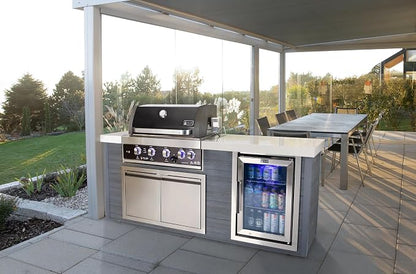 Mont Alpi Artwood Series - 78"W x 47"H x 27"D All Weather HDPE Outdoor Kitchen Island + Refrigerator & Double Access Doors + 32"W Black Stainless Steel 4-Burner Built-in BBQ Gas Grill + Rotisserie Kit