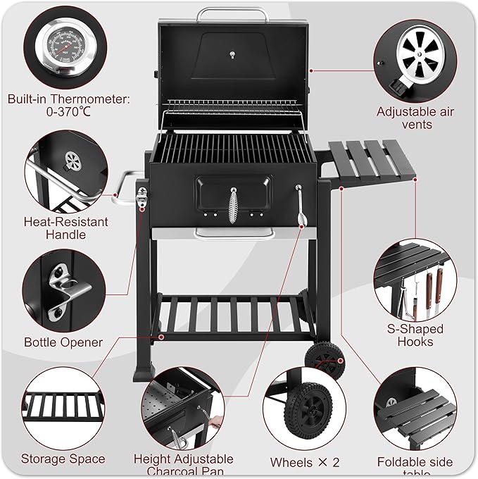Portable Charcoal Grill, Large BBQ Grill with Height Adjustable Charcoal Pan, Built-in Thermometer & Foldable Side Table, Outdoor Charcoal Grill Portable for Patio Backyard Picnic Camping