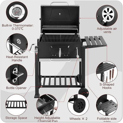 Portable Charcoal Grill, Large BBQ Grill with Height Adjustable Charcoal Pan, Built-in Thermometer & Foldable Side Table, Outdoor Charcoal Grill Portable for Patio Backyard Picnic Camping