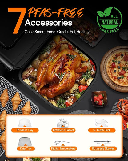 Nuwave Brio 15.5Qt Air Fryer Toaster Oven & Rotisserie Kit, Powerful 1800W | New Advanced Turbo Convection Tech, Healthy PFAS Free, Max Even & Crisp, 50-425°F, 150 Presets, Smart Probe, 4 Rack