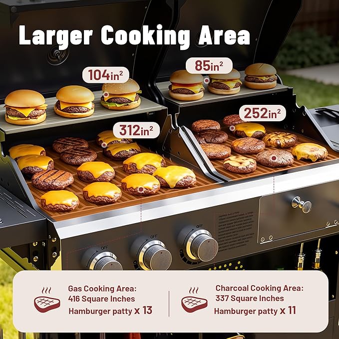 Propane Gas Grill and Charcoal Grill Combo for Outdoor Cooking, 3 Burners, Porcelain-Enameled Cast Iron Grates, Foldable Side Shelves, Dual Fuel BBQ Grill for Patio, Backyard, Camping