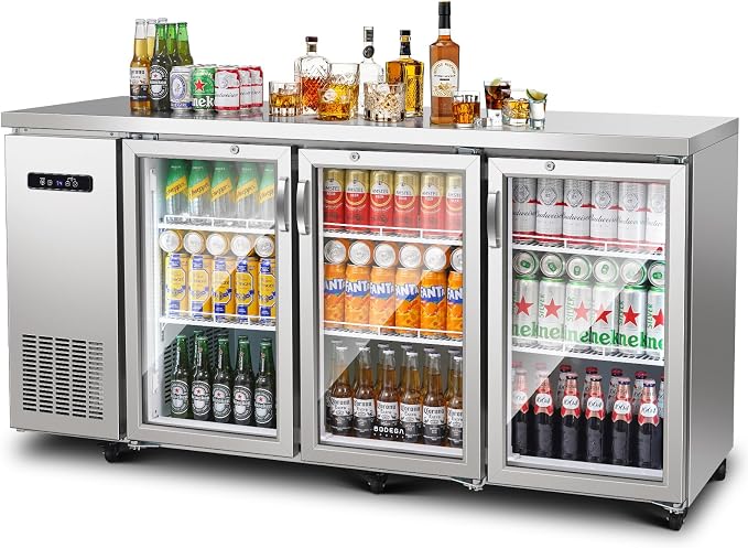 BODEGA BODEGACOOLER 20.5 Cu.Ft Commercial Back Bar Refrigerator, 3 Glass Door Beverage Cooler, Display Drink Fridge with LED & 6 Casters for Beer, Soda, Wine, SUS304 Stainless Steel Top
