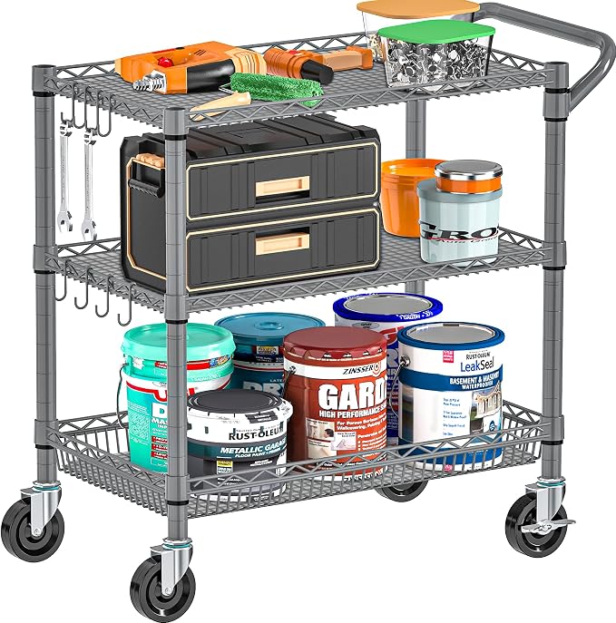 Folews Heavy Duty Rolling Cart with Wheels, 990LBS Metal Utility Cart | 3-Tier NSF Rolling Storage Organizer, Adjustable Shelves & Basket, Lockable Casters, Commercial Storage Trolley, Gray