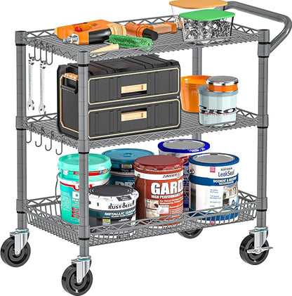 Folews Heavy Duty Rolling Cart with Wheels, 990LBS Metal Utility Cart | 3-Tier NSF Rolling Storage Organizer, Adjustable Shelves & Basket, Lockable Casters, Commercial Storage Trolley, Gray
