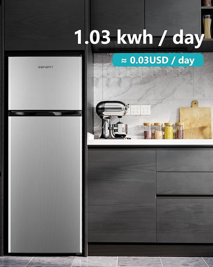 EUHOMY 7.4 Cu.Ft. Refrigerator with Freezer, 2 Door Fridge, Large Capacity, Adjustable Thermostat for Kitchen/Dorm/Apartment/Garage - Food Storage or Cooling Drinks, Silver