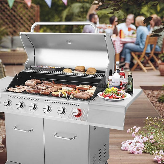 Royal Gourmet GA6402S 6-Burner Propane Gas Grill with Side Burner and Warming Rack, 74,000 BTUs, Cabinet Style Outdoor BBQ Grill for Barbecue Grilling & Backyard Cooking, Silver