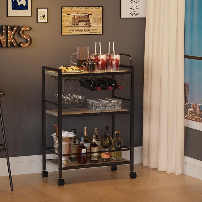 Home Bar Serving Cart, Serving Cart with Wheels and Handle, 3 Tier Rolling Kitchen Cart, MicrowaveCart, Beverage Cart with Wine Holder and Glass Holders, for Dinning Room, Living Room, Kitchen,Greige