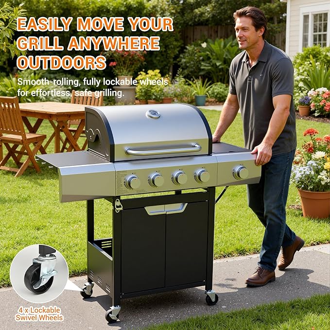 EUHOME Upgraded 51,000 BTU Stainless Steel Burner Barbecue Grill, 4 Burner BBQ Propane Gas Grill with Side Burner, 452 sq. in Cooking Area with Porcelain for Patio, Camping, Outdoor Cooking