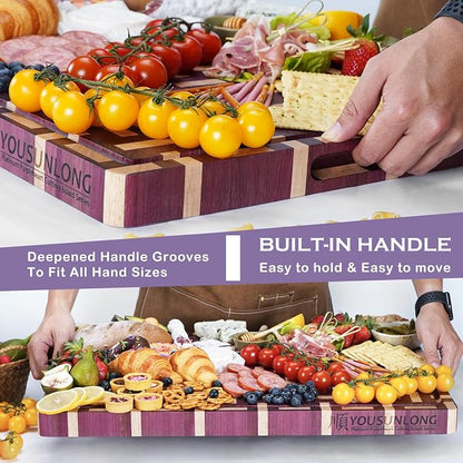 YOUSUNLONG Extra Large Cutting Board End Grain Purple Heart Wood - Thickened-Heavy Duty Butcher Block 24"L x 18"W x 1.5"Th w/Juice Groove and Handle - Serving Tray for Meat & Cheese,Brisket Board