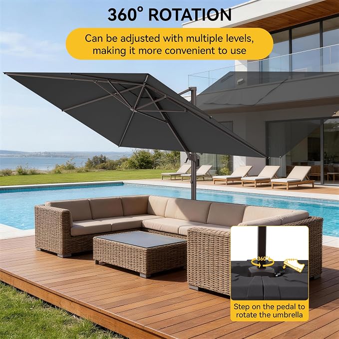 9x12 FT Cantilever Patio Umbrella with Base, Large Rectangular Offset Outdoor Umbrella with 360° Rotation, Heavy Duty Shade Umbrella for Garden Backyard Deck Poolside Courtyard, Grey
