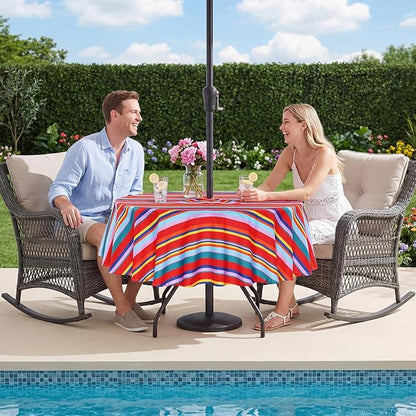 Poise3EHome 60 inches Outdoor/Indoor Waterproof Spillproof Round Tablecloth with Umbrella Hole Zipper for Camping Picnic Party Patio Table Spring, Color Stripe