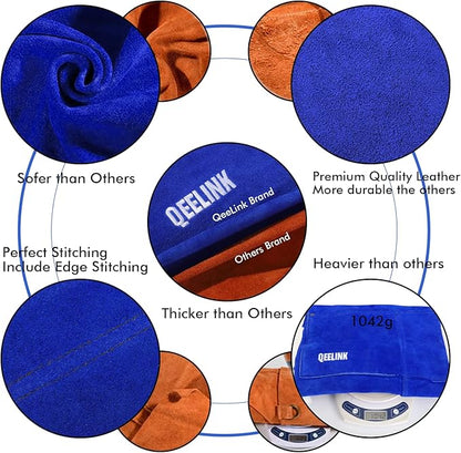 QeeLink Leather Welding Apron with 6 Pockets - Heat & Flame-Resistant Apron, 24'' X 42'', Adjustable M to XXXL (Blue)