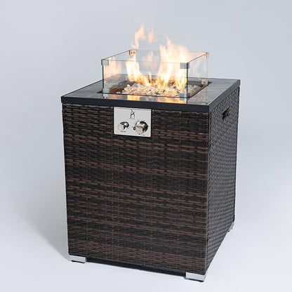 KEIKI 24 Inch Small Propane Fire Column, Square Wicker Gas Fireplace with Wind Guard, 50000 BTU Outdoor Heating for Balcony Patio