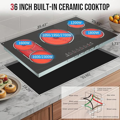 5 Burner Electric Cooktop, 36 Inch Electric Stovetop 9600W, Built-in Ceramic Hob with BBQ Burner, Touch Control, Child Safety Lock, Timer, Pause, 220-240V, Hard Wire, No Plug